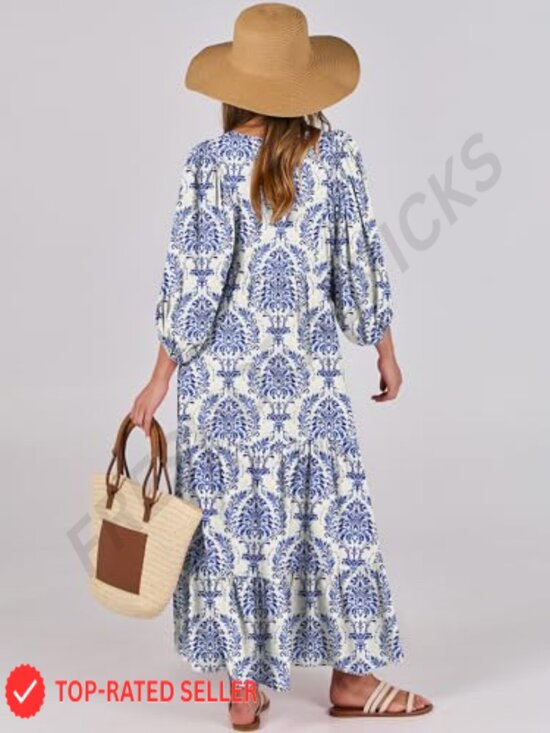 Boho Maxi Dress Flowy Swing V Neck Puff Sleeve Elegant Casual Summer - Picture 4 of 7